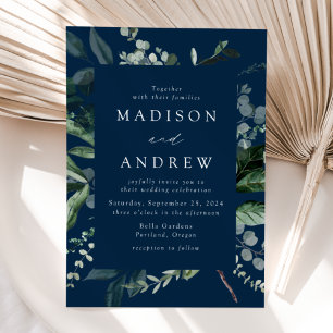 Abundant Greenery Navy Wedding Invitation