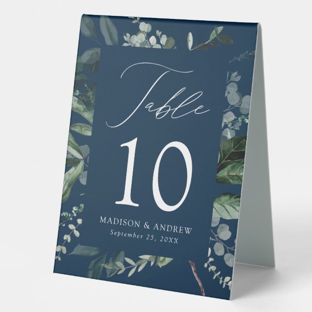 Abundant Greenery Navy Wedding Table Number (Front)