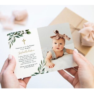 Abundant Greenery   Photo and Gold Cross Baptism Invitation