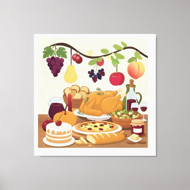 Abundant Holiday Feast: Autumn Celebration Illustr Canvas Print (Front)