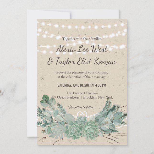 Abundant Love-Succulent String Lights Wedding Invitation (Front)