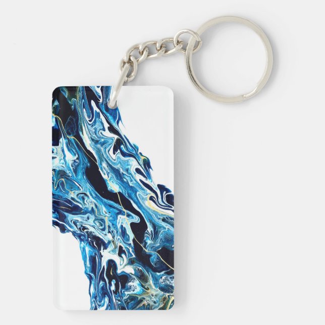 Abyss Abstract Navy Blue Gold White Fluid Art Key Ring (Back)