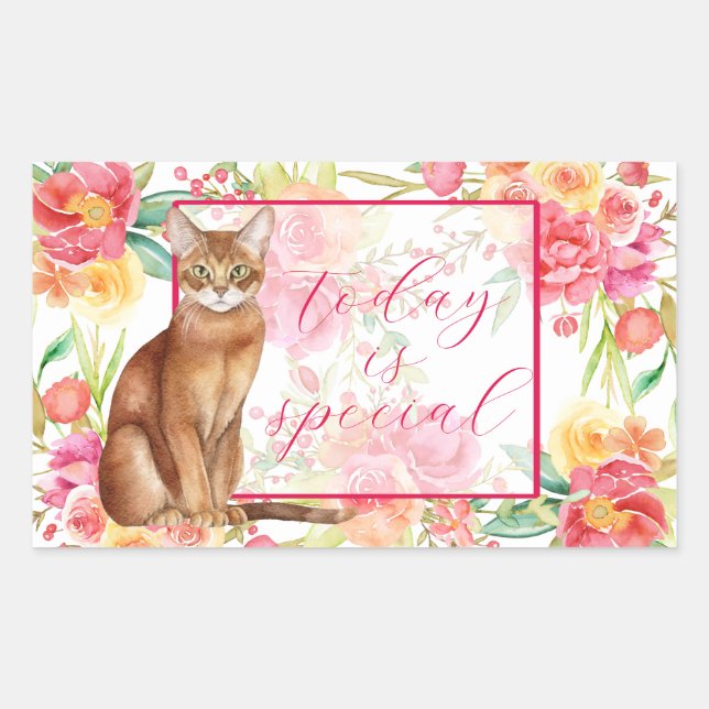 Abyssinian Cat and Watercolor Flowers Sticker (Front)