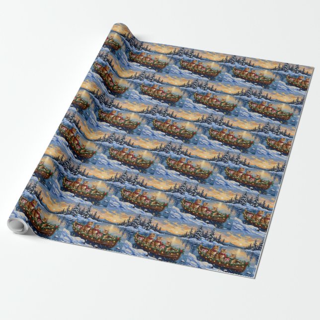 Abyssinian Cat Christmas Boat Holiday Wrapping Paper (Unrolled)