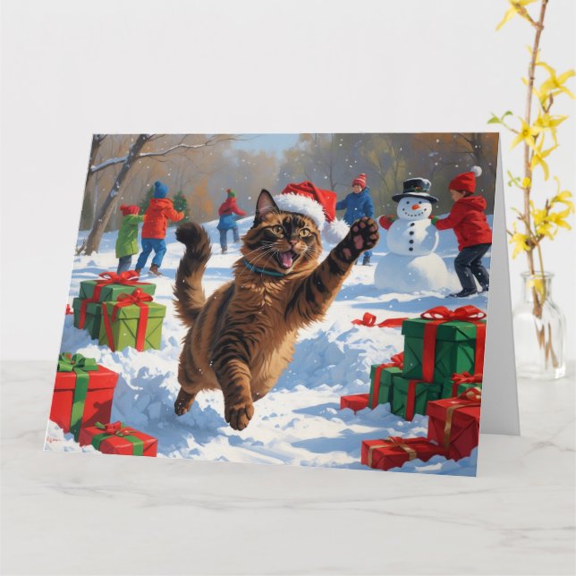 Abyssinian Cat Christmas Festive Snow Scene Card (Yellow Flower)