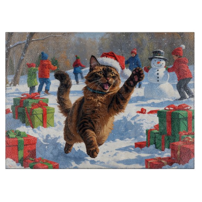 Abyssinian Cat Christmas Festive Snow Scene Cutting Board (Front)