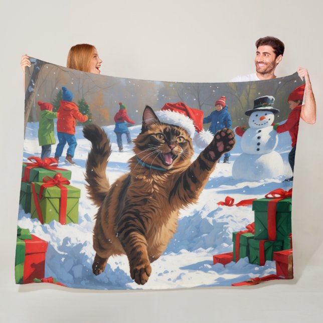 Abyssinian Cat Christmas Festive Snow Scene Fleece Blanket (In Situ)