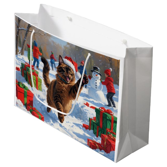 Abyssinian Cat Christmas Festive Snow Scene Large Gift Bag (Front Angled)