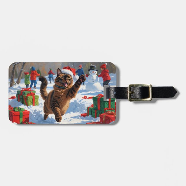 Abyssinian Cat Christmas Festive Snow Scene Luggage Tag (Front Horizontal)