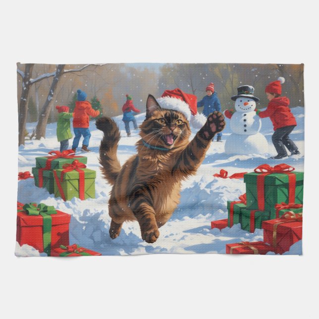 Abyssinian Cat Christmas Festive Snow Scene Tea Towel (Horizontal)