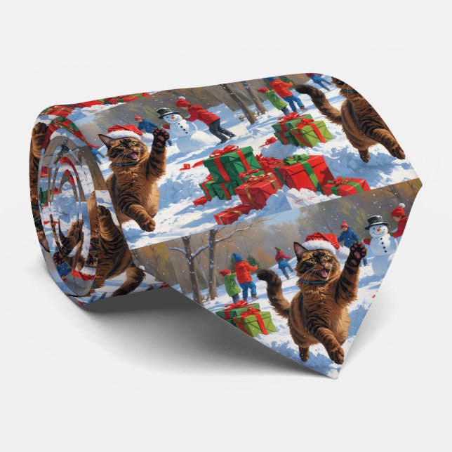 Abyssinian Cat Christmas Festive Snow Scene Tie (Rolled)