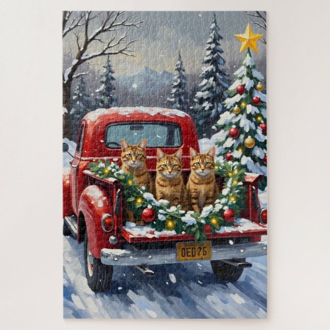 Abyssinian Cat Christmas Red Truck Holiday Jigsaw Puzzle (Vertical)