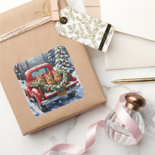 Abyssinian Cat Christmas Red Truck Holiday Square Sticker