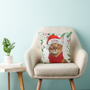 Abyssinian Cat Ho Ho Ho Santa Hat Meowy Christmas Cushion