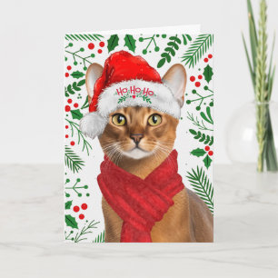 Abyssinian Cat Ho Ho Ho Santa Hat Meowy Christmas Holiday Card