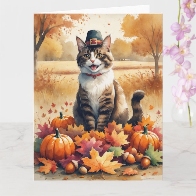 Abyssinian Cat  in Autumn Leaves Thanksgiving Art  Card (Orchid)