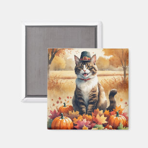 Abyssinian Cat in Autumn Leaves Thanksgiving Art Magnet
