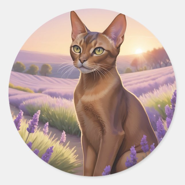 Abyssinian Cat in Lavender Field Classic Round Sticker (Front)