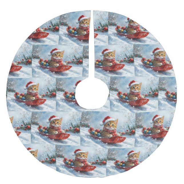 Abyssinian Cat in Sledge Let it Snow Christmas Brushed Polyester Tree Skirt (Front)