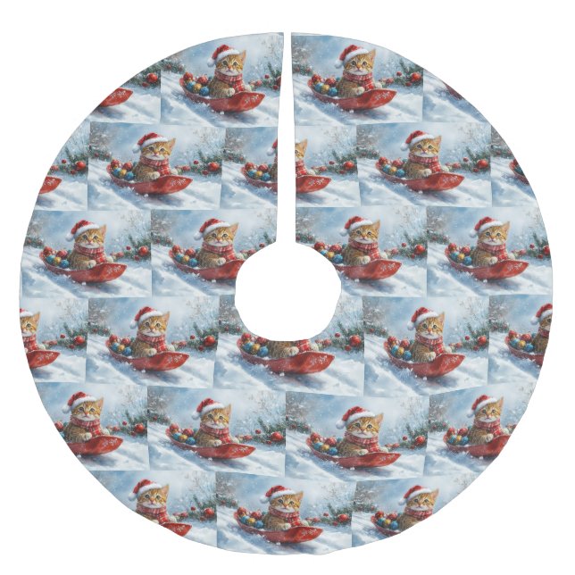 Abyssinian Cat in Sledge Let it Snow Christmas Brushed Polyester Tree Skirt (Front)