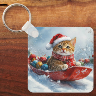 Abyssinian Cat in Sledge Let it Snow Christmas Key Ring