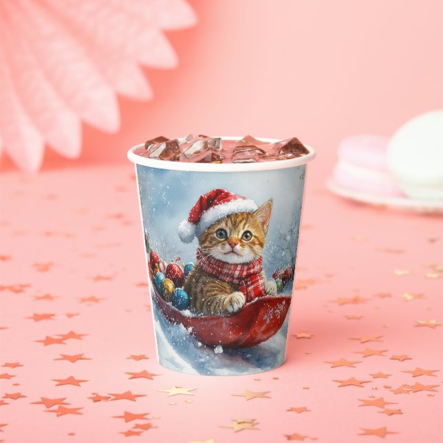 Abyssinian Cat in Sledge Let it Snow Christmas Paper Cups (Insitu)