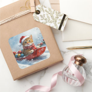 Abyssinian Cat in Sledge Let it Snow Christmas Square Sticker