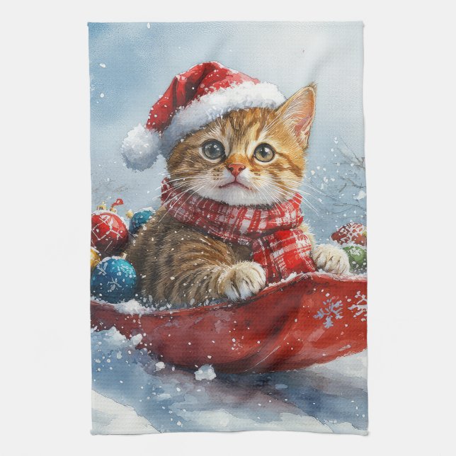 Abyssinian Cat in Sledge Let it Snow Christmas Tea Towel (Vertical)