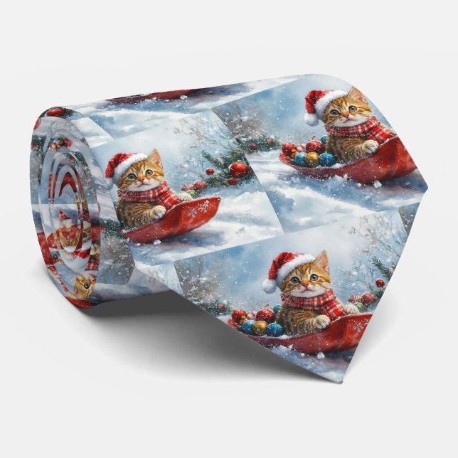 Abyssinian Cat in Sledge Let it Snow Christmas Tie (Rolled)