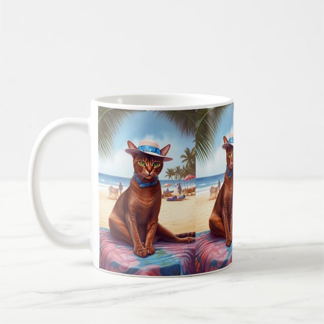 Abyssinian cat on Beach, summer gift for cat lover Coffee Mug (Left)