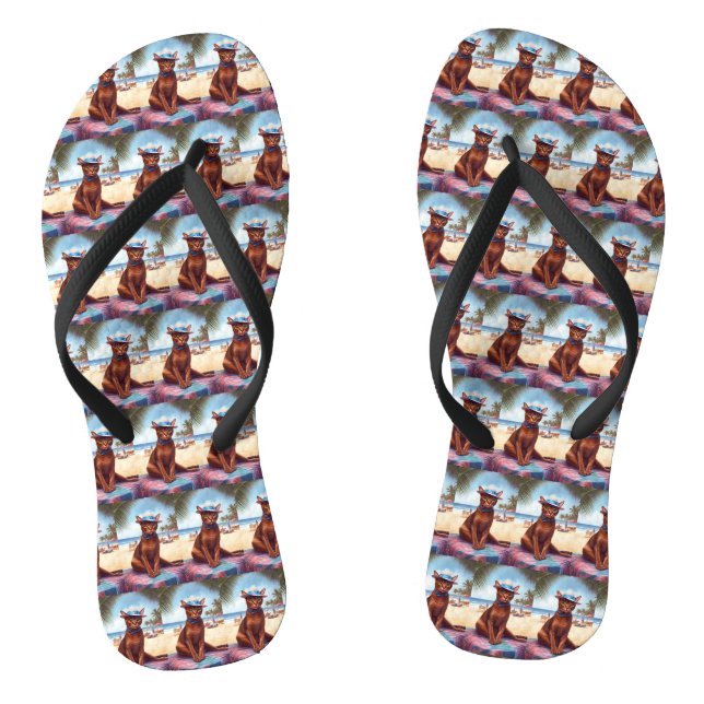 Abyssinian cat on Beach, summer gift for cat lover Flip Flops (Footbed)
