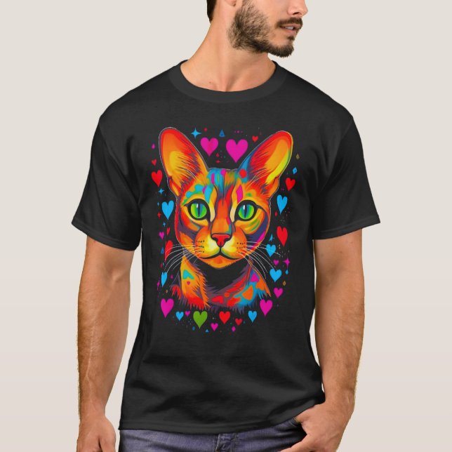 Abyssinian Cat Pink Blue Red Heart T-Shirt (Front)
