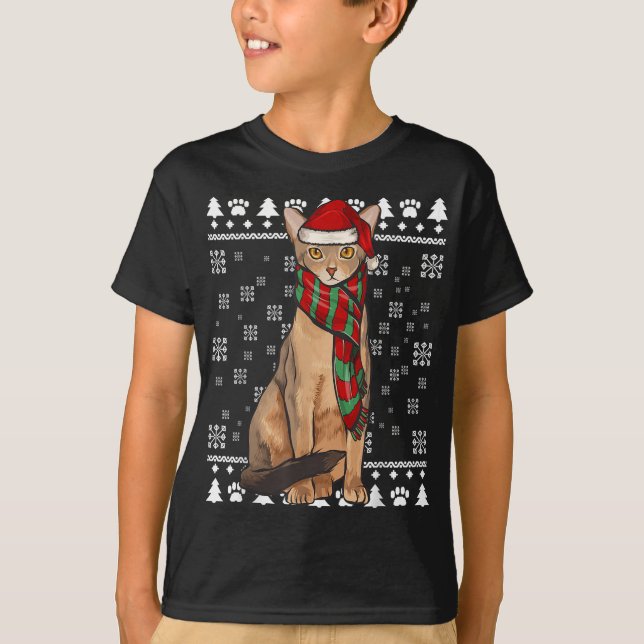 Abyssinian Cat Santa Hat Xmas Ugly Christmas T-Shirt (Front)