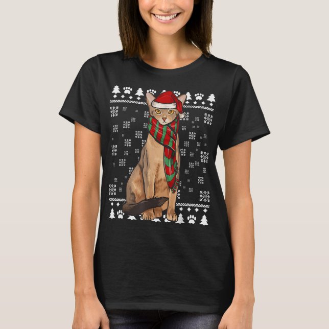 Abyssinian Cat Santa Hat Xmas Ugly Christmas T-Shirt (Front)