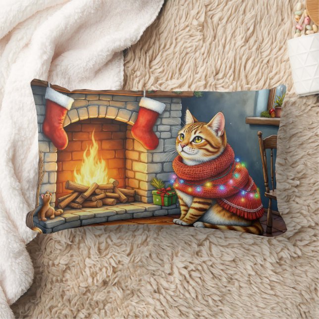 Abyssinian Cat Sitting by Fireplace with Christmas Lumbar Cushion (Blanket)
