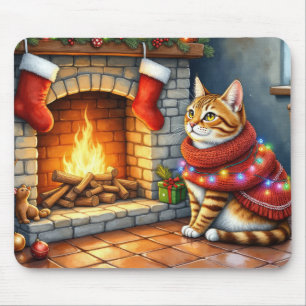 Abyssinian Cat Sitting by Fireplace with Christmas Mouse Mat