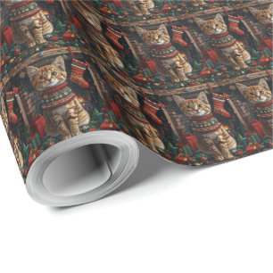 Abyssinian Cat With Christmas Gifts Fireplace Wrapping Paper