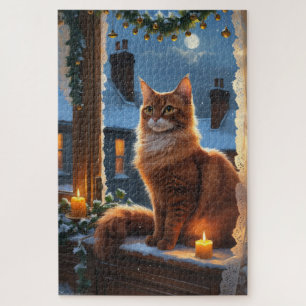 Abyssinian Cat With Christmas Lights Holiday Jigsaw Puzzle