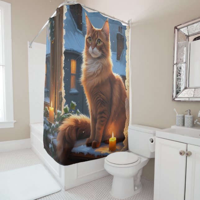 Abyssinian Cat With Christmas Lights Holiday Shower Curtain (In Situ)