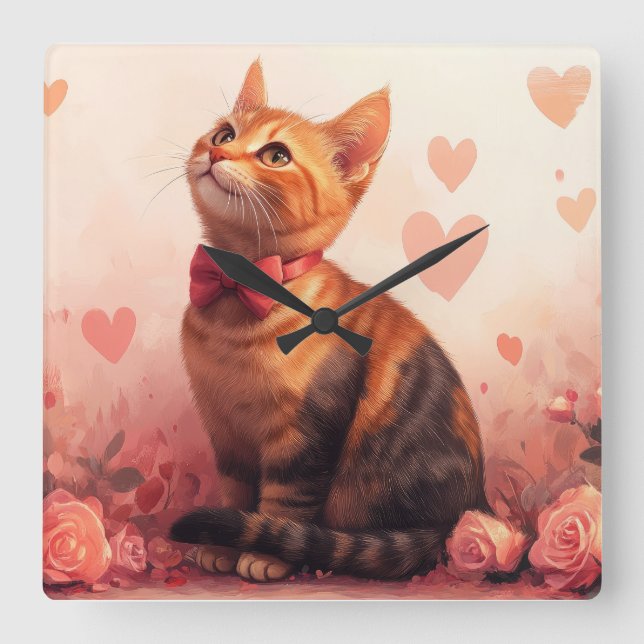 Abyssinian Cat with Roses - Valentine's Day Square Wall Clock (Front)