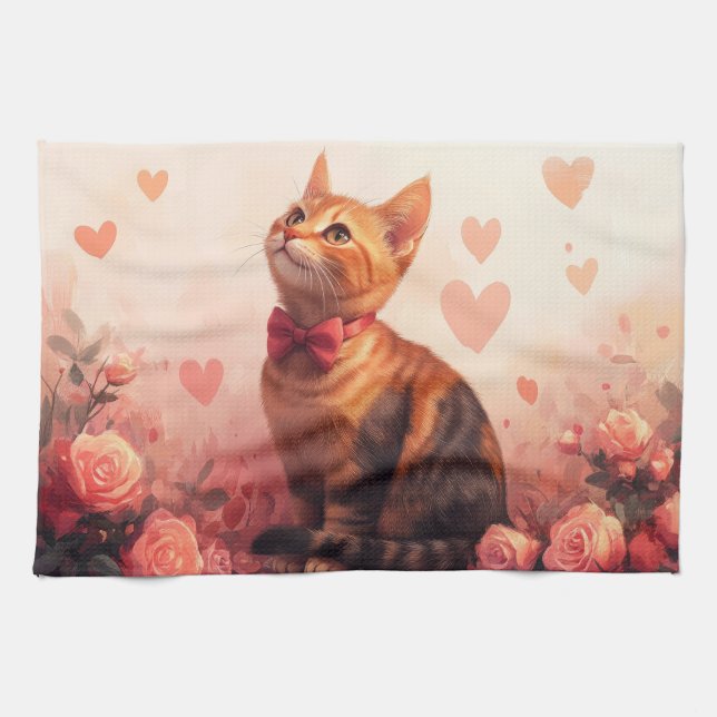 Abyssinian Cat with Roses - Valentine's Day Tea Towel (Horizontal)