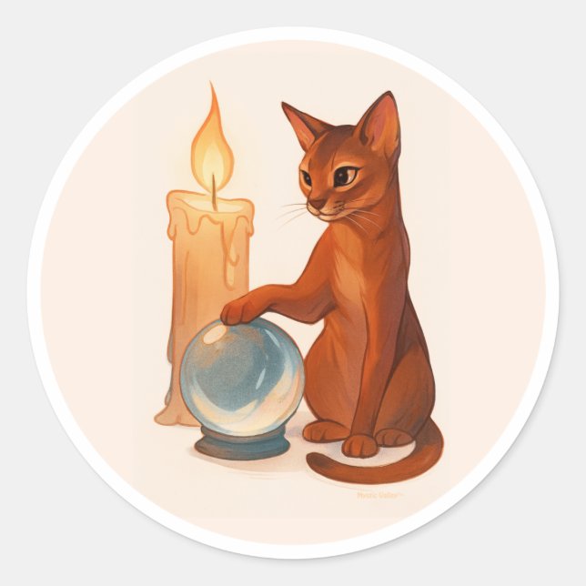 Abyssinian cat with silver crystal ball classic ro round sticker (Front)