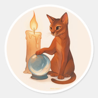 Abyssinian cat with silver crystal ball classic round sticker