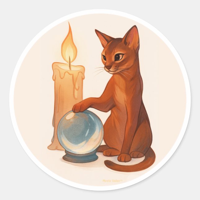 Abyssinian cat with silver crystal ball classic round sticker (Front)