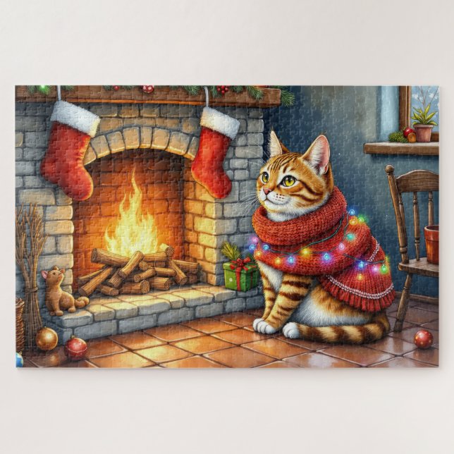 Abyssinian Sitting Fireplace with Christmas Lights Jigsaw Puzzle (Horizontal)