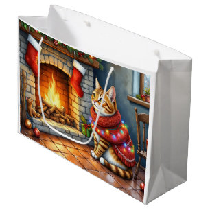 Abyssinian Sitting Fireplace with Christmas Lights Large Gift Bag
