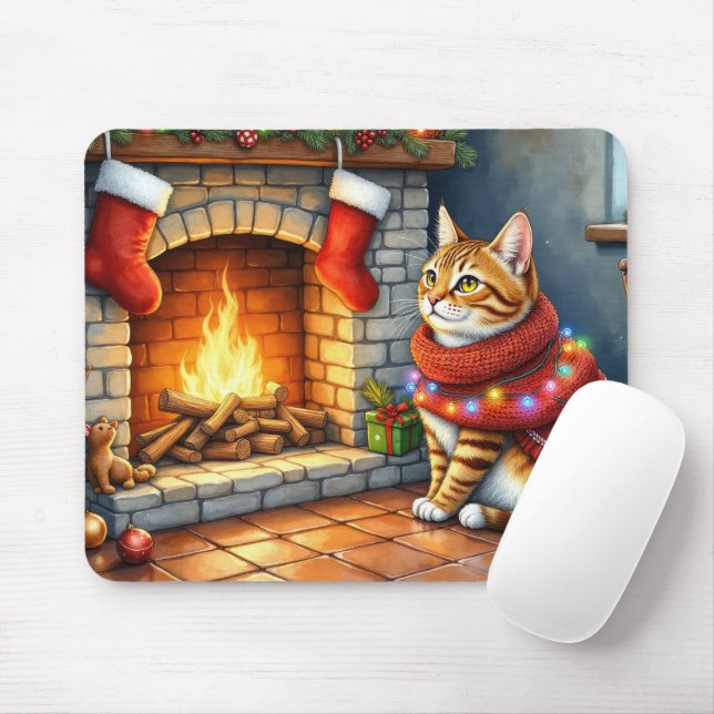 Abyssinian Sitting Fireplace with Christmas Lights Mouse Mat (With Mouse)