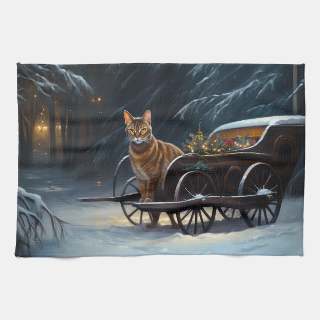 Abyssinian Snowy Sleigh Ride Christmas Decor Tea Towel (Horizontal)