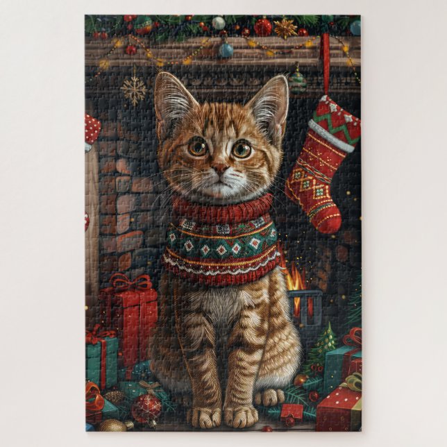 Abyssinian with Christmas Gifts Fireplace Jigsaw Puzzle (Vertical)