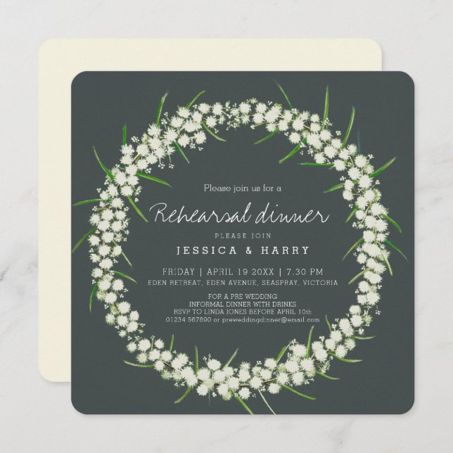 Acacia art flowers green pre wedding rehearsal invitation (Front/Back)